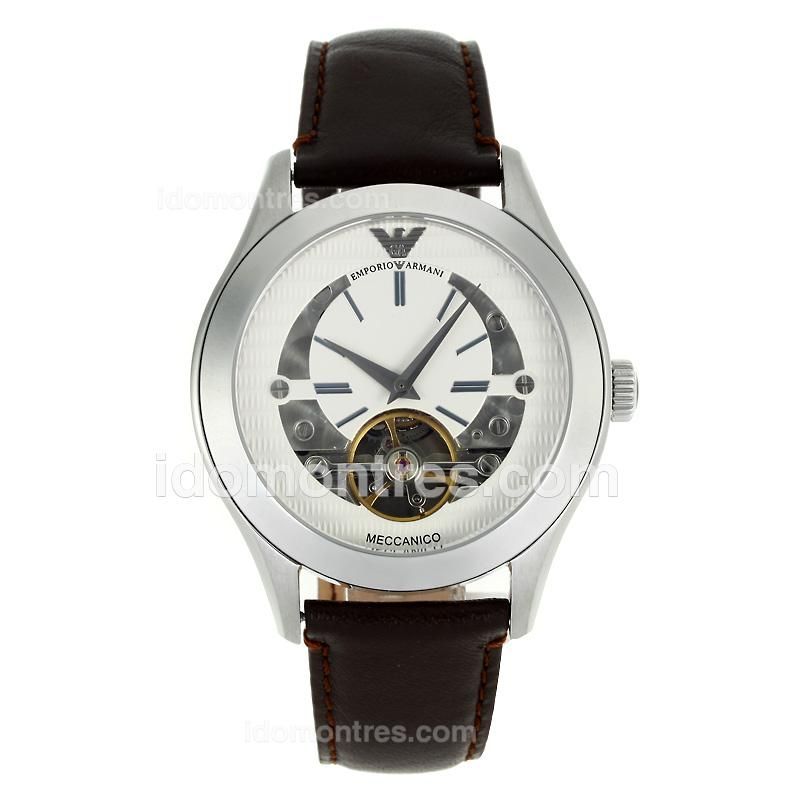 Emporio Armani Tourbillon Automatic with White Dial-Leather Strap