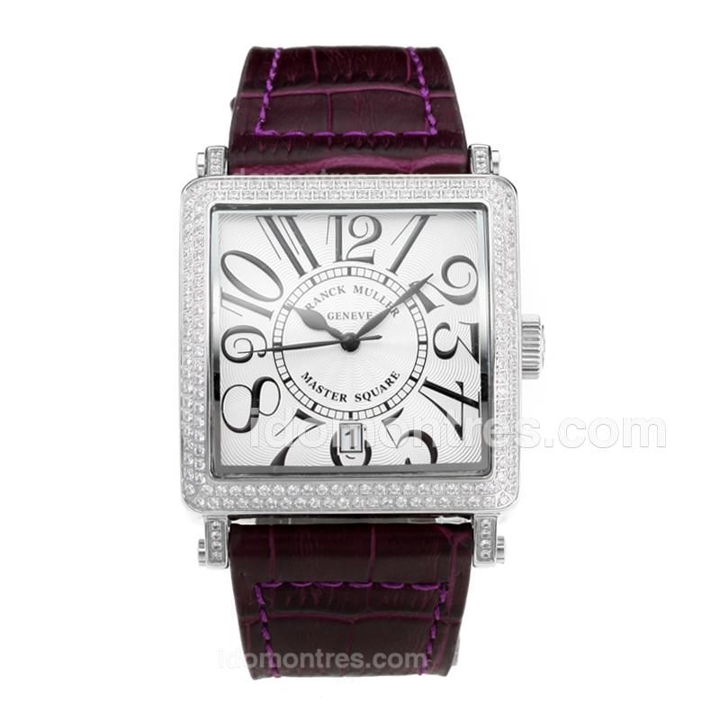 Frank Muller Master Square Diamond Case with White Dial-Coffee Leather Strap