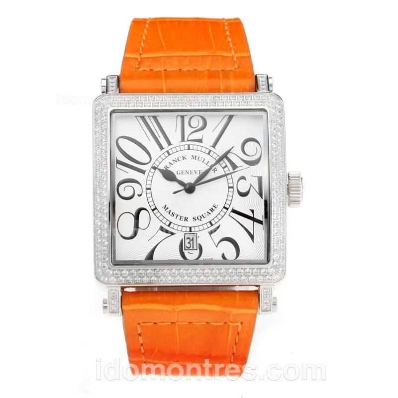 Frank Muller Master Square Diamond Case with White Dial-Orange Leather Strap