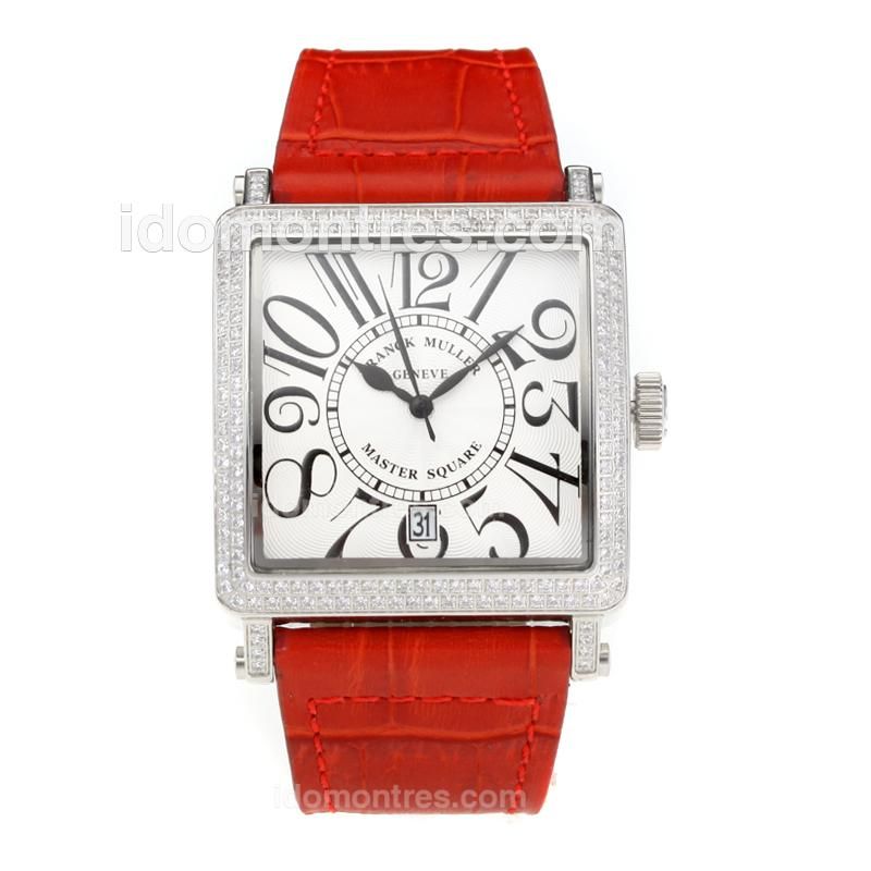 Frank Muller Master Square Diamond Case with White Dial-Red Leather Strap