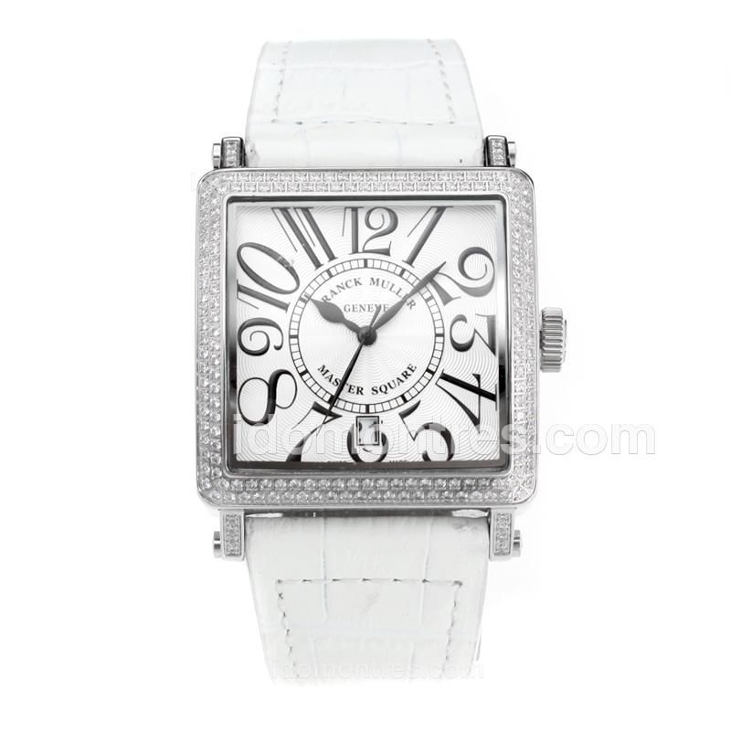 Frank Muller Master Square Diamond Case with White Dial-White Leather Strap