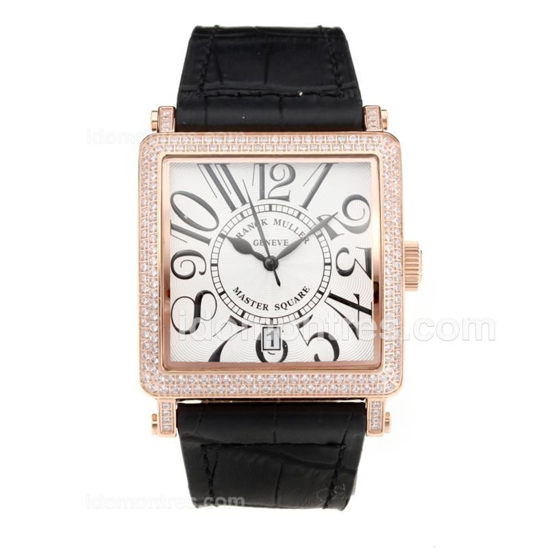 Frank Muller Master Square Diamond Rose Gold Case with White Dial-Black Leather Strap