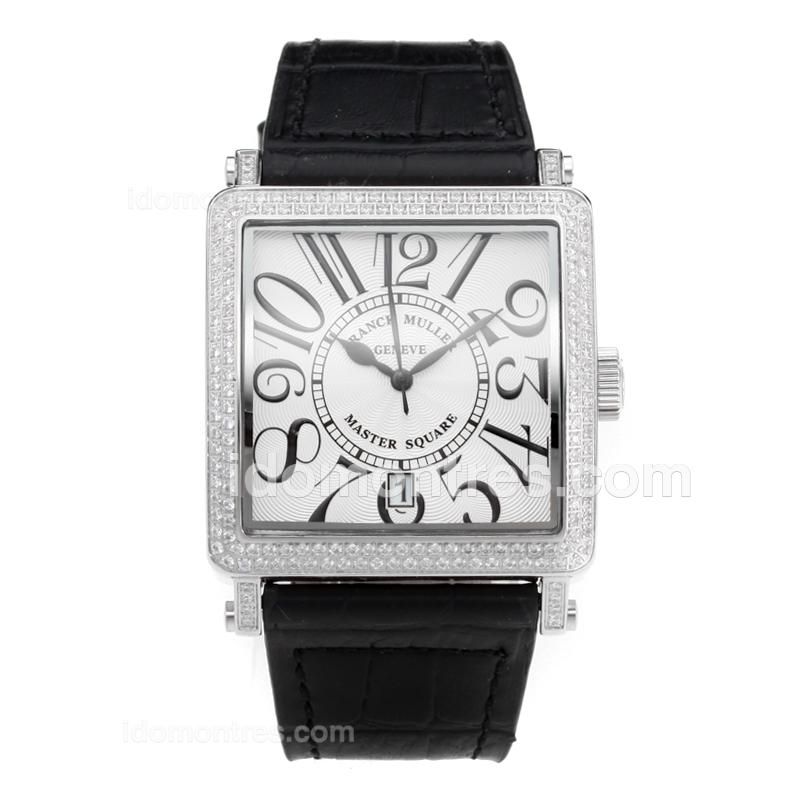 Frank Muller Master Square Diamond Case with White Dial-Black Leather Strap
