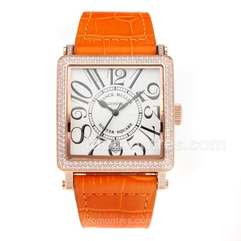 Frank Muller Master Square Diamond Rose Gold Case with White Dial-Orange Leather Strap