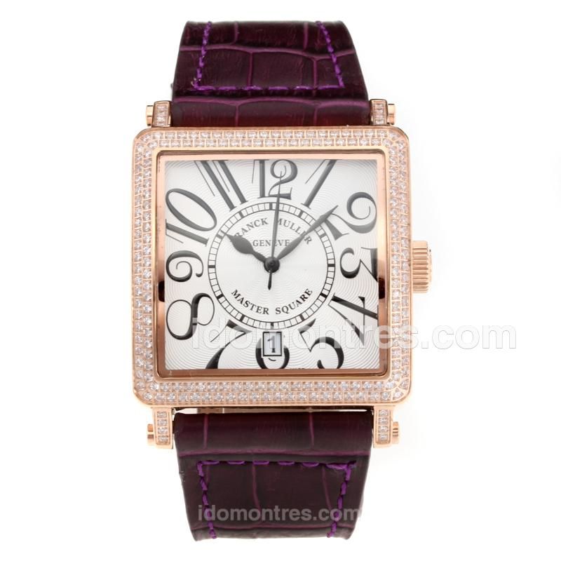 Frank Muller Master Square Diamond Rose Gold Case with White Dial-Coffee Leather Strap