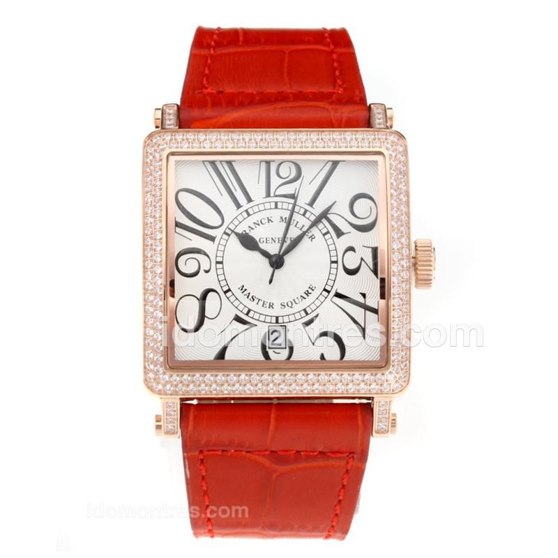 Frank Muller Master Square Diamond Rose Gold Case with White Dial-Red Leather Strap