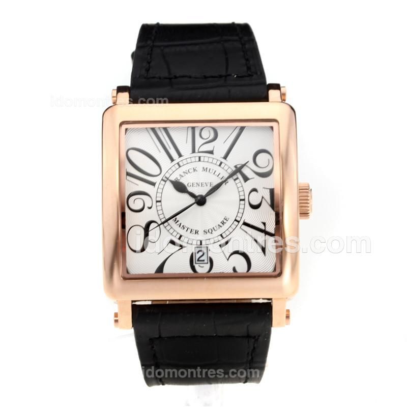 Frank Muller Master Square Rose Gold Case with White Dial-Black Leather Strap