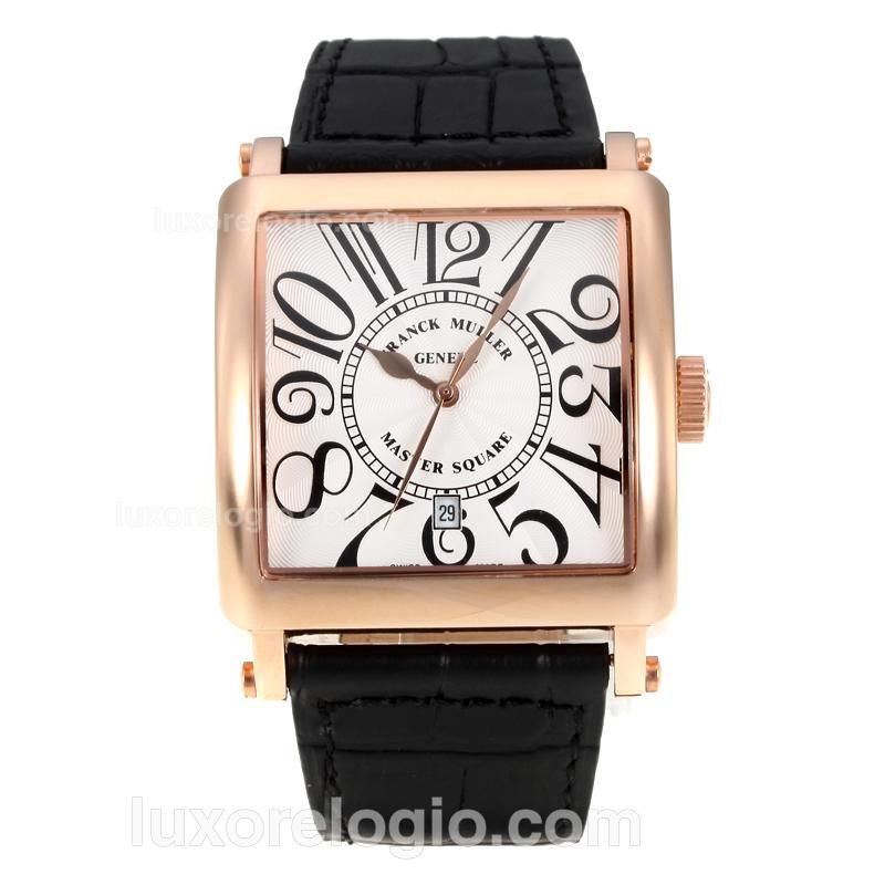 Frank Muller Master Square Rose Gold Case with White Dial-Black Leather Strap-Numeral Markers