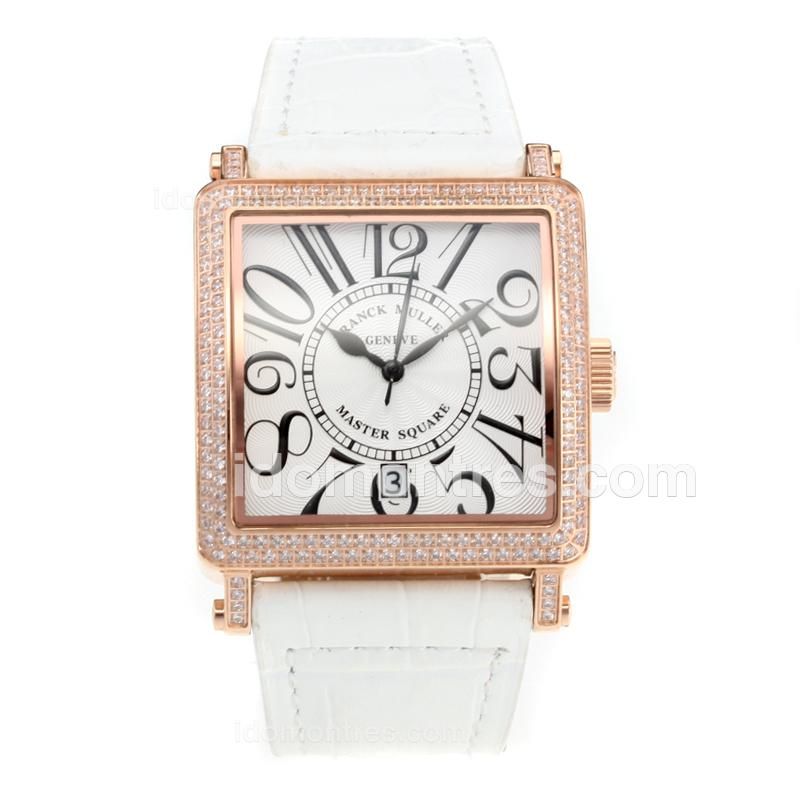 Frank Muller Master Square Diamond Rose Gold Case with White Dial-White Leather Strap