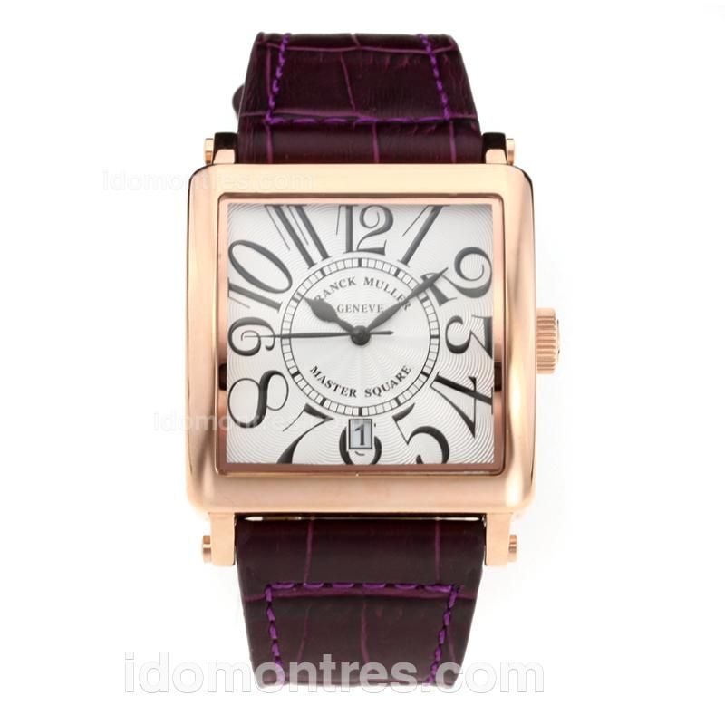 Frank Muller Master Square Rose Gold Case with White Dial-Coffee Leather Strap
