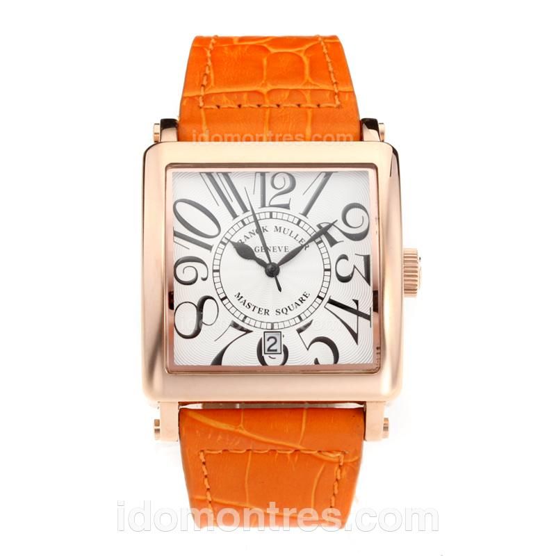 Frank Muller Master Square Rose Gold Case with White Dial-Orange Leather Strap