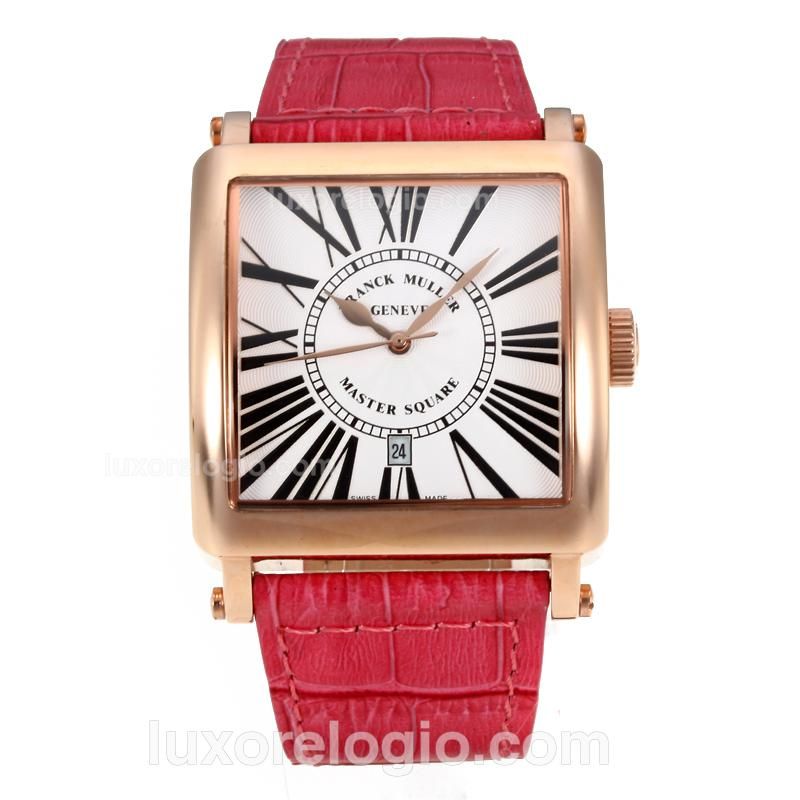 Frank Muller Master Square Rose Gold Case with White Dial-Peachblow Leather Strap-Roman Markers