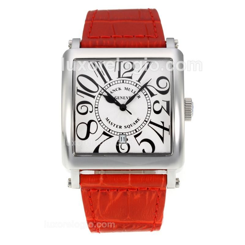 Frank Muller Master Square with White Dial-Red Leather Strap-Numeral Markers
