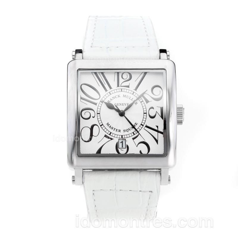 Frank Muller Master Square with White Dial-White Leather Strap
