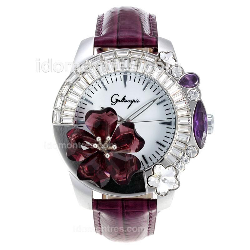 Galtiscopio Giardino CZ Diamond Flower Bezel with White Dial-Purple Leather Strap