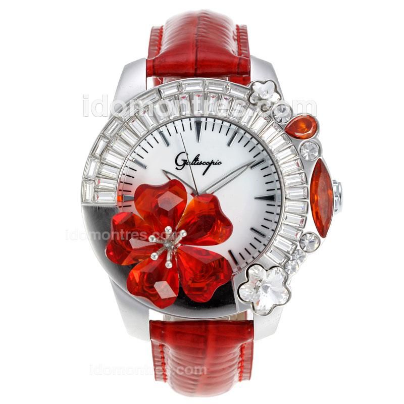 Galtiscopio Giardino CZ Diamond Flower Bezel with White Dial-Red Leather Strap