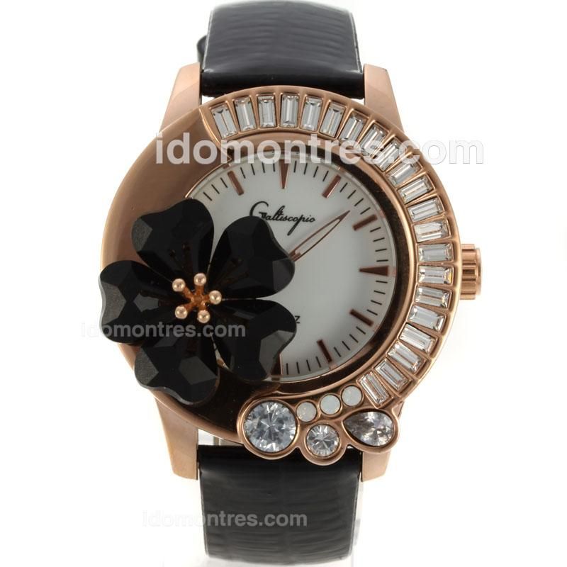 Galtiscopio Giardino Rose Gold Case CZ Diamond Bezel with White Dial-Black Leather Strap