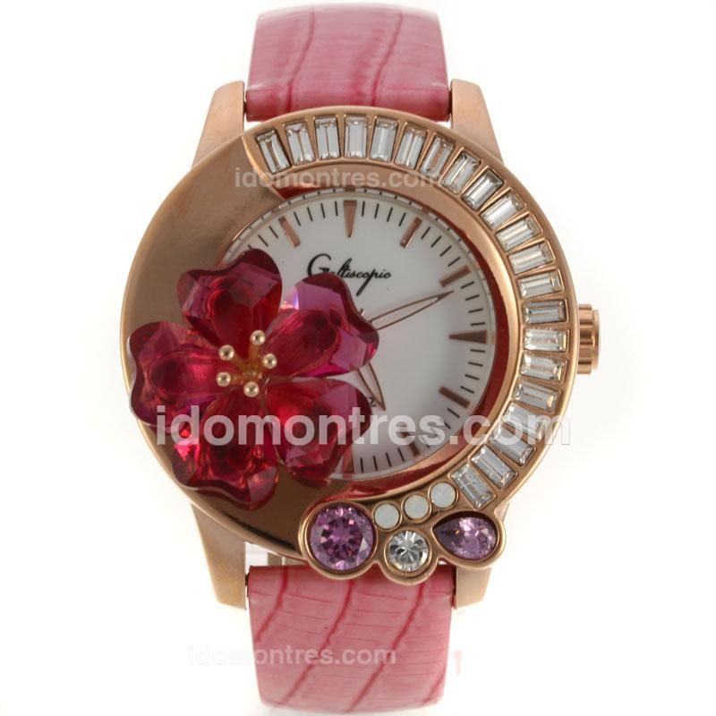 Galtiscopio Giardino Rose Gold Case CZ Diamond Bezel with White Dial-Pink Leather Strap