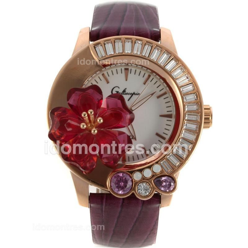 Galtiscopio Giardino Rose Gold Case CZ Diamond Bezel with White Dial-Purple Leather Strap