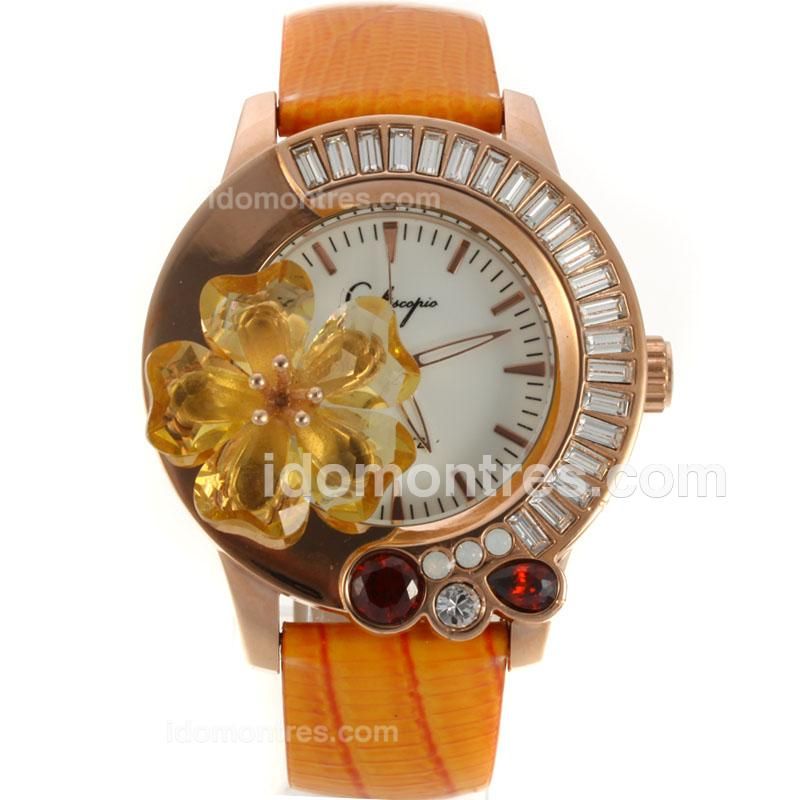Galtiscopio Giardino Rose Gold Case CZ Diamond Bezel with White Dial-Orange Leather Strap