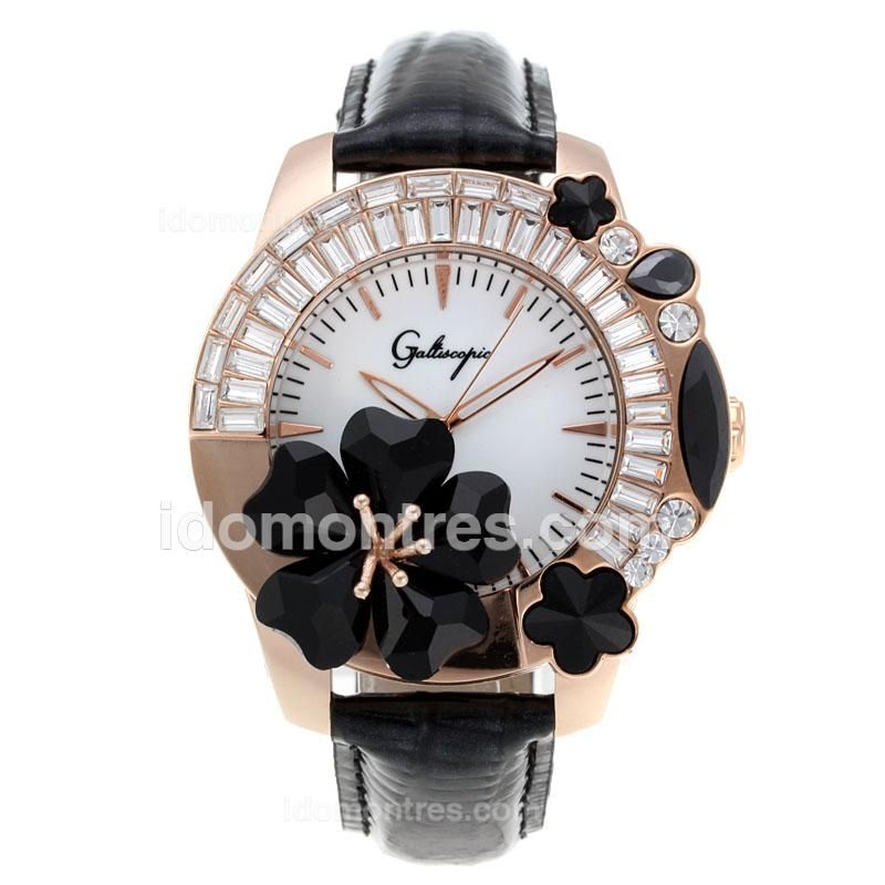 Galtiscopio Giardino Rose Gold Case CZ Diamond Flower Bezel with White Dial-Black Leather Strap
