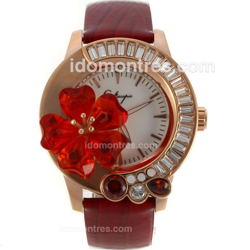 Galtiscopio Giardino Rose Gold Case CZ Diamond Bezel with White Dial-Red Leather Strap
