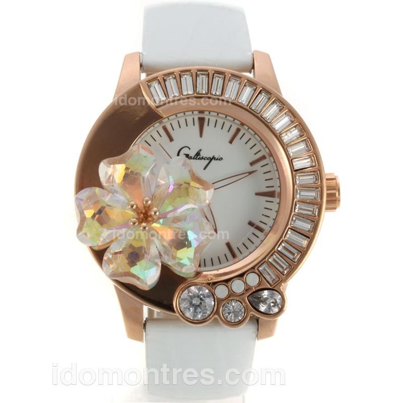 Galtiscopio Giardino Rose Gold Case CZ Diamond Bezel with White Dial-White Leather Strap