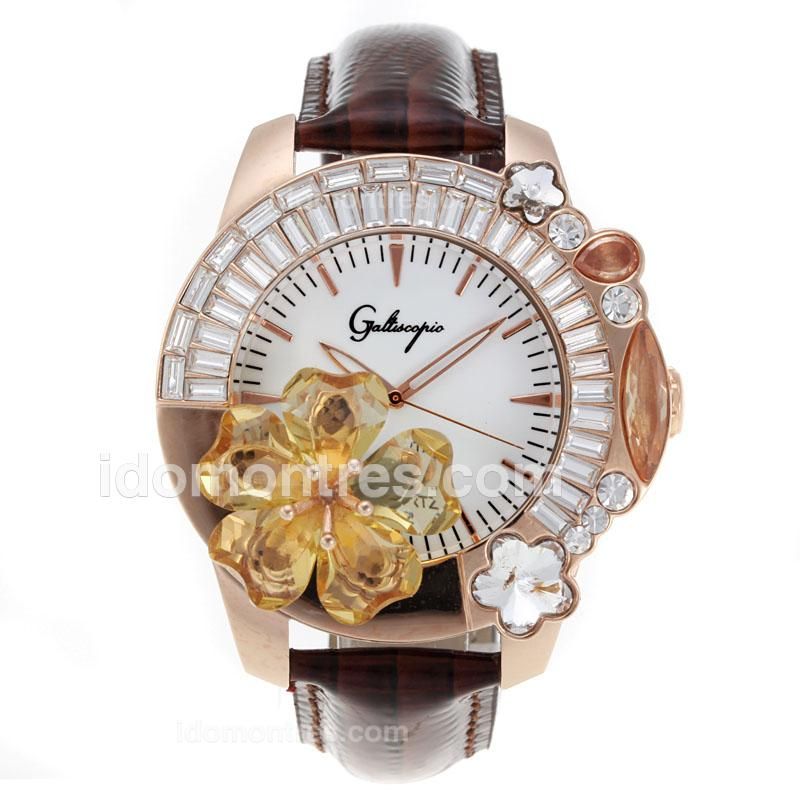Galtiscopio Giardino Rose Gold Case CZ Diamond Flower Bezel with White Dial-Brown Leather Strap