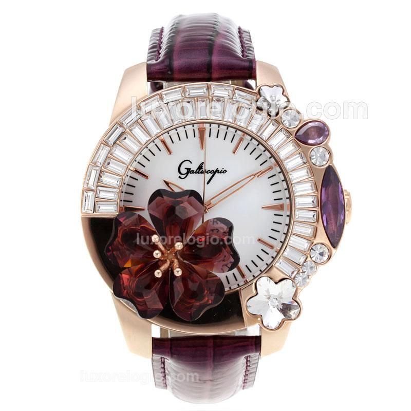 Galtiscopio Giardino Rose Gold Case CZ Diamond Flower Bezel with White Dial-Purple Leather Strap