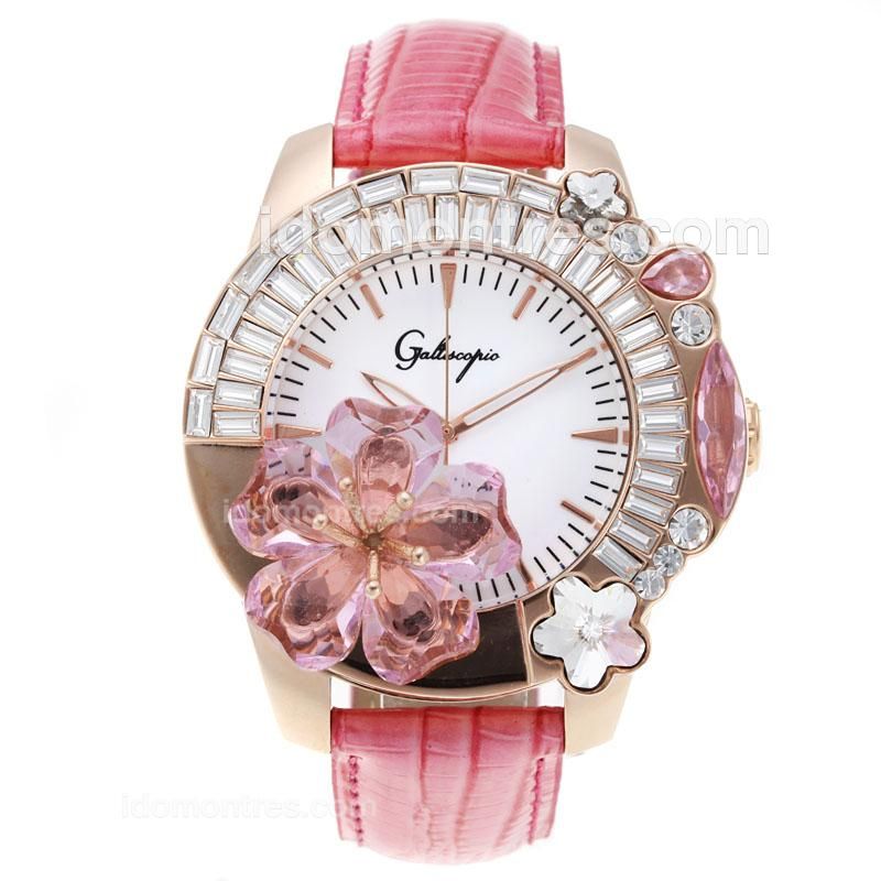 Galtiscopio Giardino Rose Gold Case CZ Diamond Flower Bezel with White Dial-Pink Leather Strap