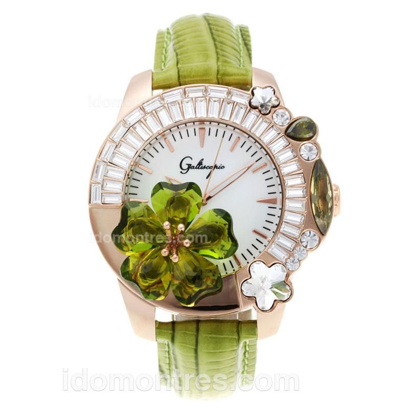 Galtiscopio Giardino Rose Gold Case CZ Diamond Flower Bezel with White Dial-Green Leather Strap