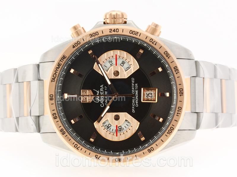 Tag Heuer Grand Carrera Calibre 17 Working Chrono Two Tone with Black Dial-Same Structure As ETA Version-High Quality