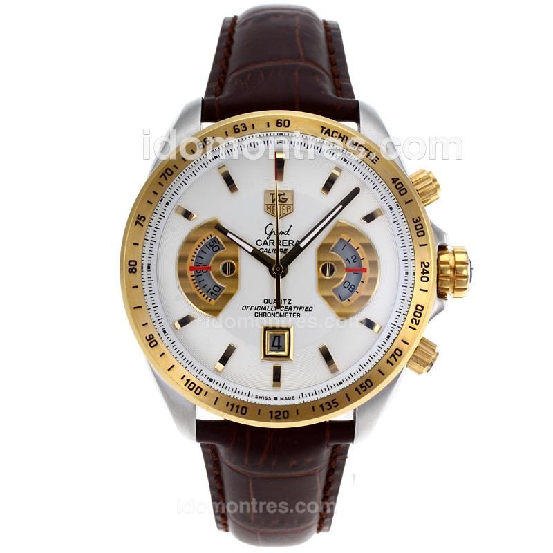 Tag Heuer Grand Carrera Calibre 17 Working Chronograph Two Tone Case with White Dial-Leather Strap