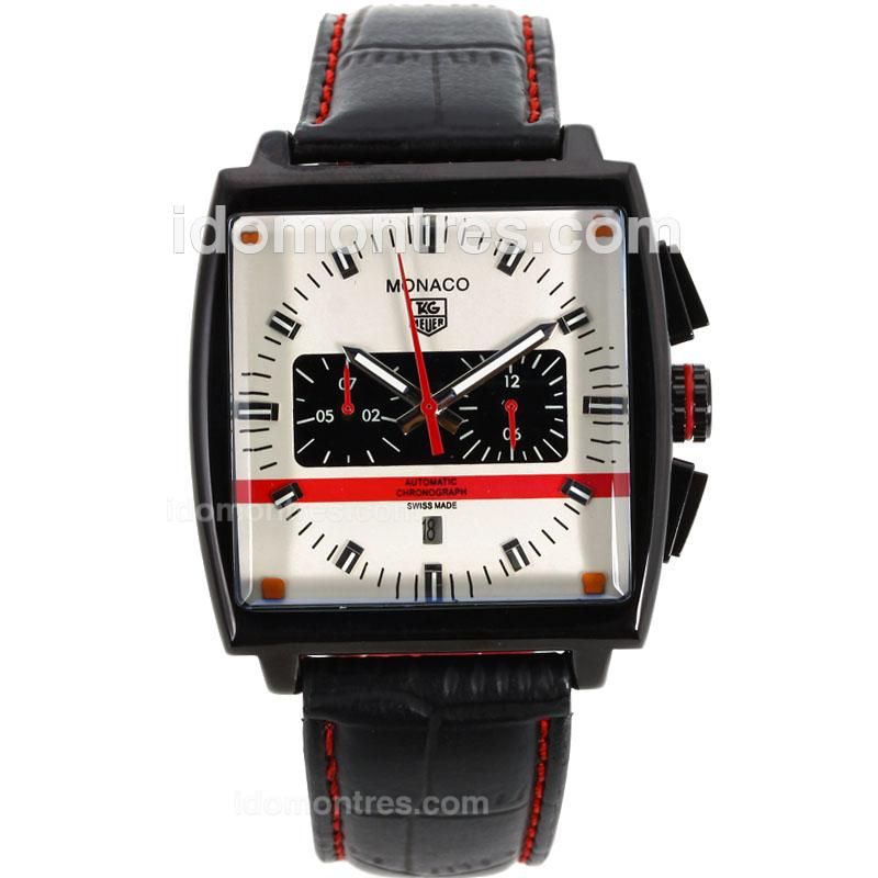Tag Heuer Monaco Automatic PVD Case Red Needles with White Dial-Leather Strap