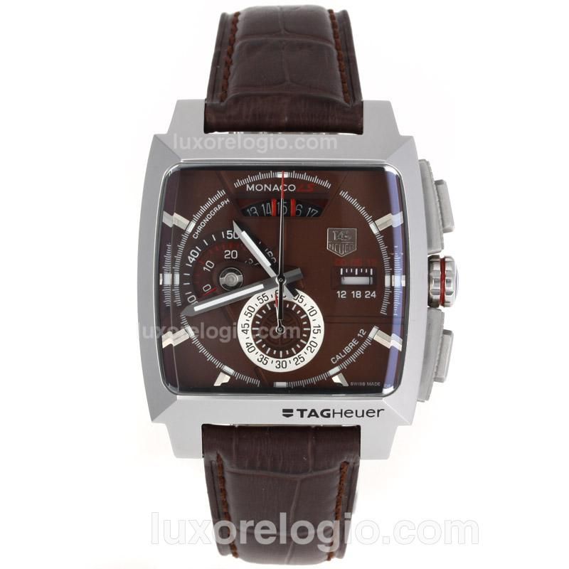 Tag Heuer Monaco Calibre 12 Working Chronograph with Brown Dial-Leather Strap