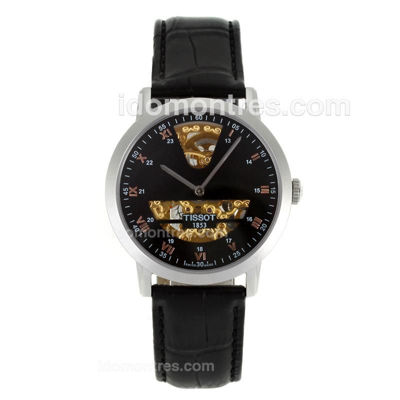 Tissot Sculpture Line Skeleton Automatic Rose Gold Roman Marker with Black Dial-18K Plated Gold Movement