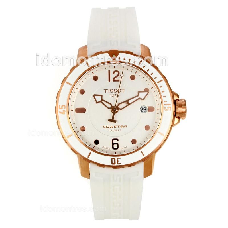 Tissot Seastar Rose Gold Case with White Dial-Rubber Strap