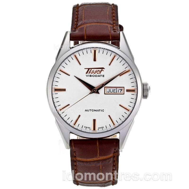 Tissot ViboDate Automatic Rose Gold Markers with White Dial-Leather Strap
