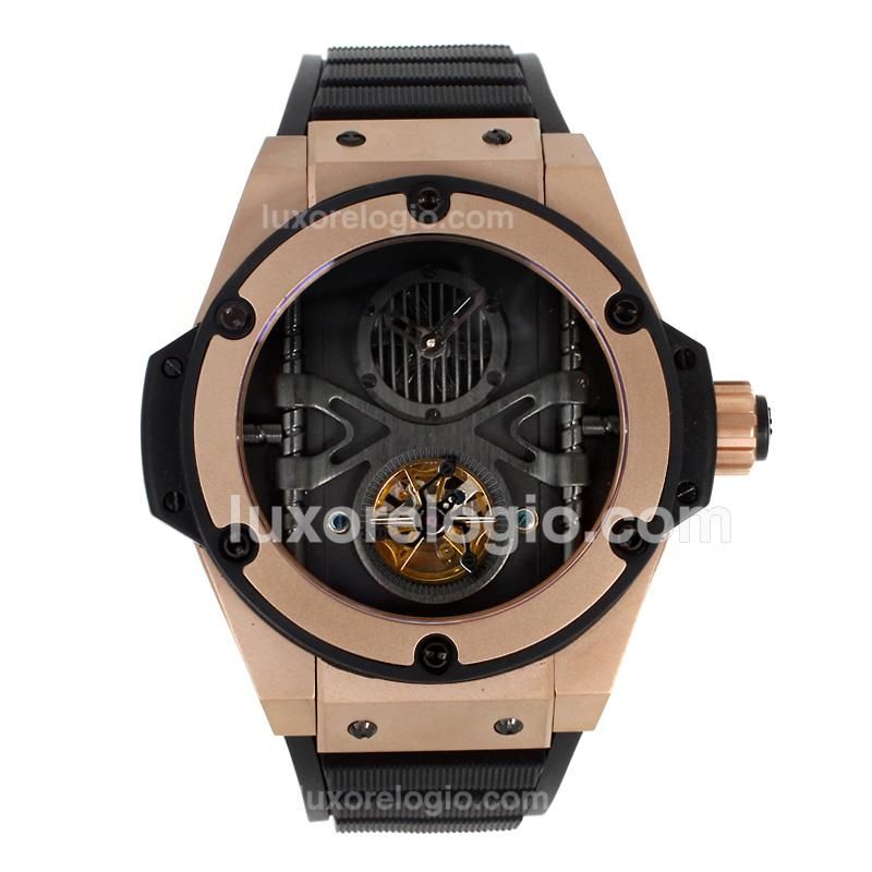Hublot Big Bang Working Tourbillon Automatic Rose Gold Case with Black Dial-Rubber Strap