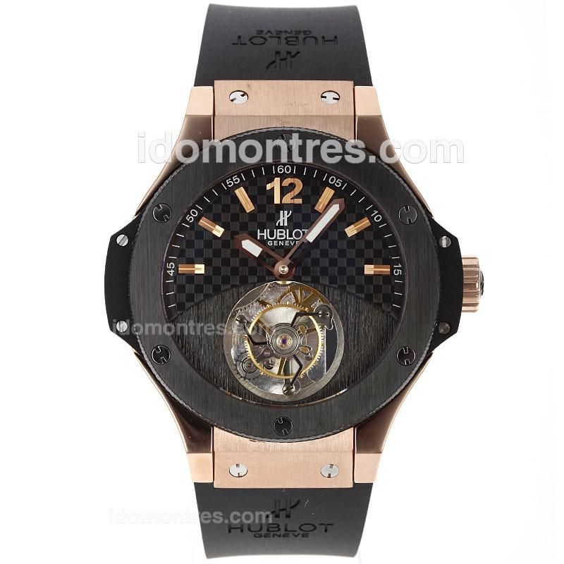 Hublot Big Bang Working Tourbillon Manual Winding Rose Gold Case with Black Carbon Fibre Style Dial-Rubber Strap