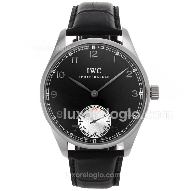 IWC Portuguese Manual Winding Silver Number Markers with Black Dial-Leather Strap