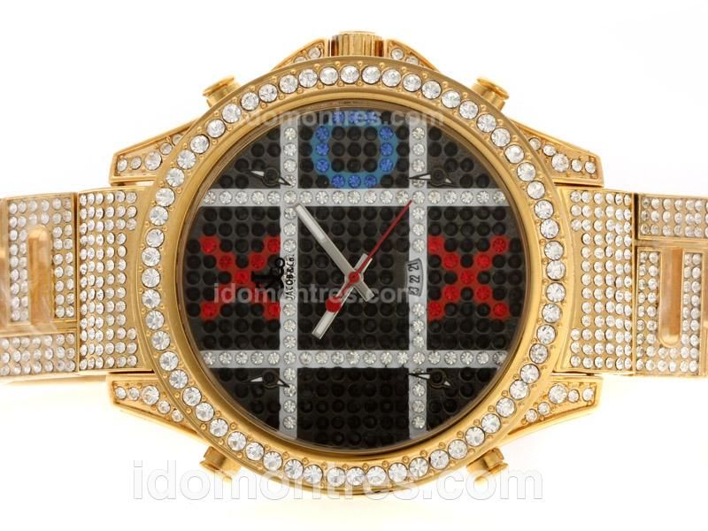 Jacob & Co Classic Five Time Zone Full Gold with Full Diamond with Black Dial