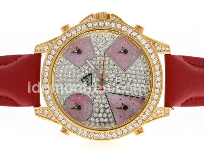 Jacob & Co Classic Five Time Zone Gold Case Diamond Bezel and Dial with Leather Strap-Pink MOP