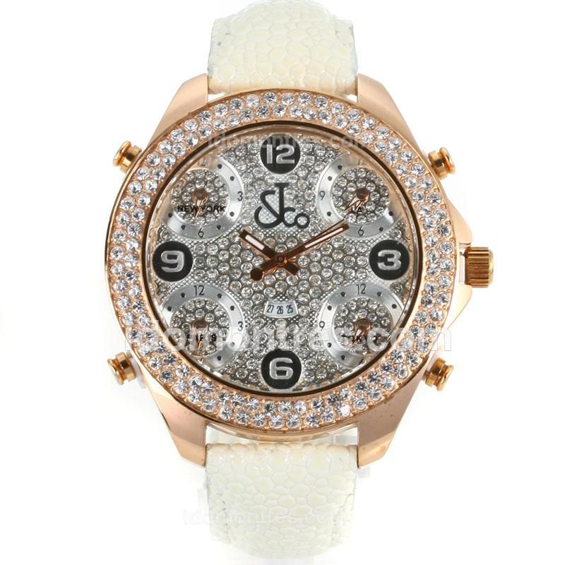 Jacob & Co Classic Five Time Zone Full Rose Gold Case Diamond Bezel and Dial-White Leather Strap