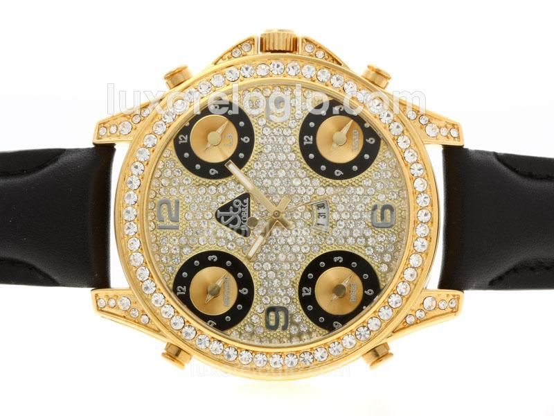 Jacob & Co Classic Five Time Zone Gold Case Full Diamond with Leather Strap