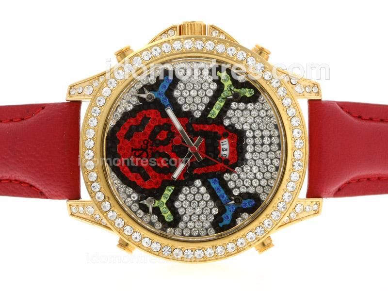 Jacob & Co Classic Five Time Zone Gold Case Diamond Bezel and Dial with Leather Strap-Skull & Cross Bones Illustration