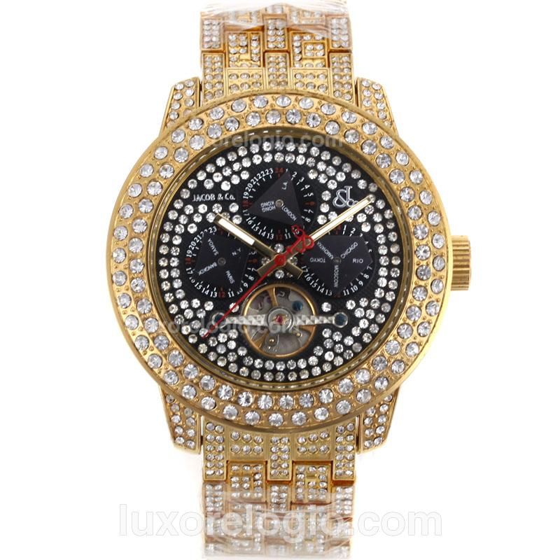 Jacob & Co Rainbow Tourbillon Automatic Full Gold Diamond Case and Black Dial