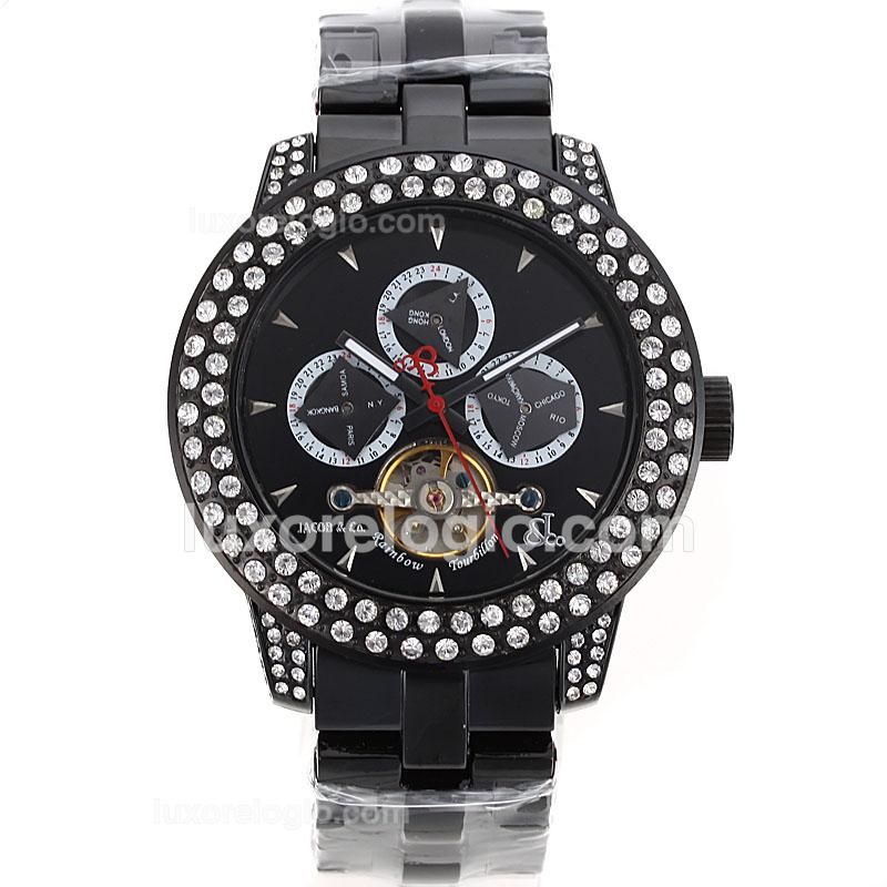Jacob & Co Rainbow Tourbillon Automatic Full PVD Diamond Bezel with Black Dial