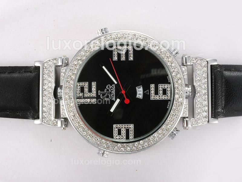 Jacob Co. Classic Five Time Zone Diamond Bezel with Black Dial and Strap-Double Dial