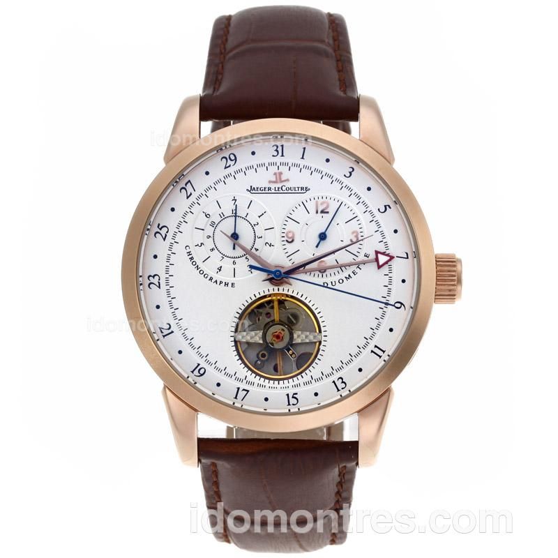 Jaeger-Lecoultre Master Control Tourbillon Automatic Rose Gold Case with White Dial-Leather Strap